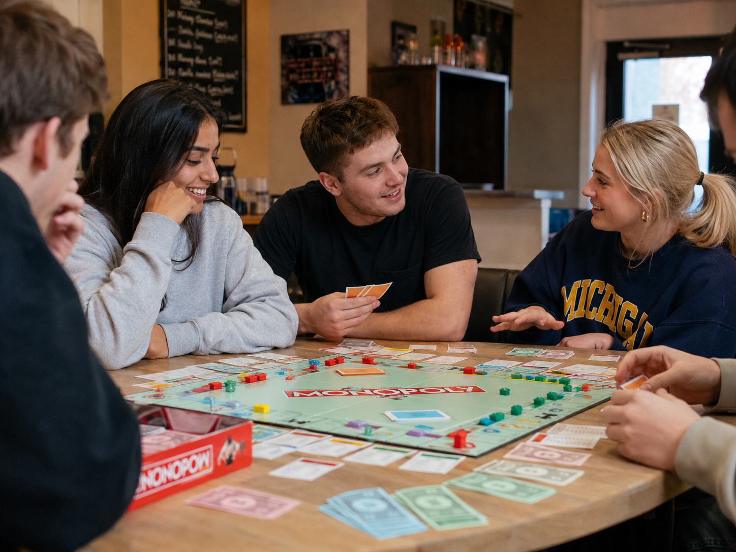 Illustration of young adults playing board games together